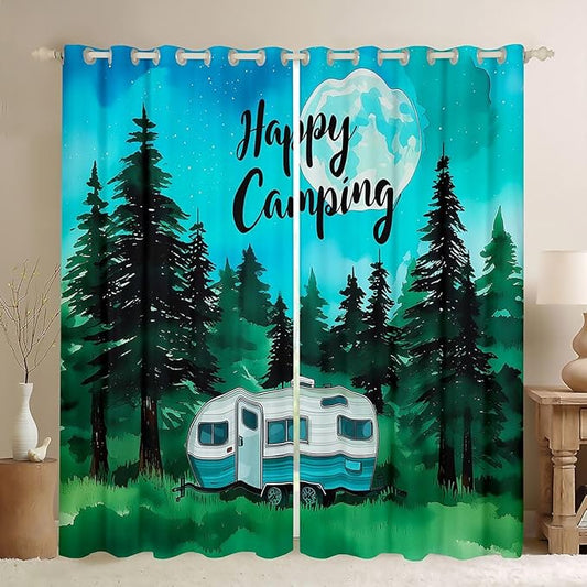 Erosebridal Happy Camping Window Curtains 38" Wx45 L Camper Blackout Curtains for Bedroom Living Room,Cartoon Spring Rv Travel Window Treatments Outdoor Adventure Drapes Decor 2 Panels