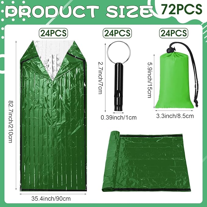Qunclay 24 Set Emergency Sleeping Bag Survival Bivvy Sack Blanket with Whistles Lightweight Portable Thermal Survival Bag Thick with Hood Extension Nylon Stuff Sack for Camping Hiking Outdoor