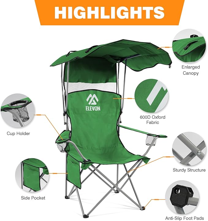 Elevon Camping Chair, Oversized Folding Chair with Canopy, Portable Outdoor Chair with Arms, Cup Holder and Carry Bag for Camping, Fishing, Beach, and Sports, Jasper