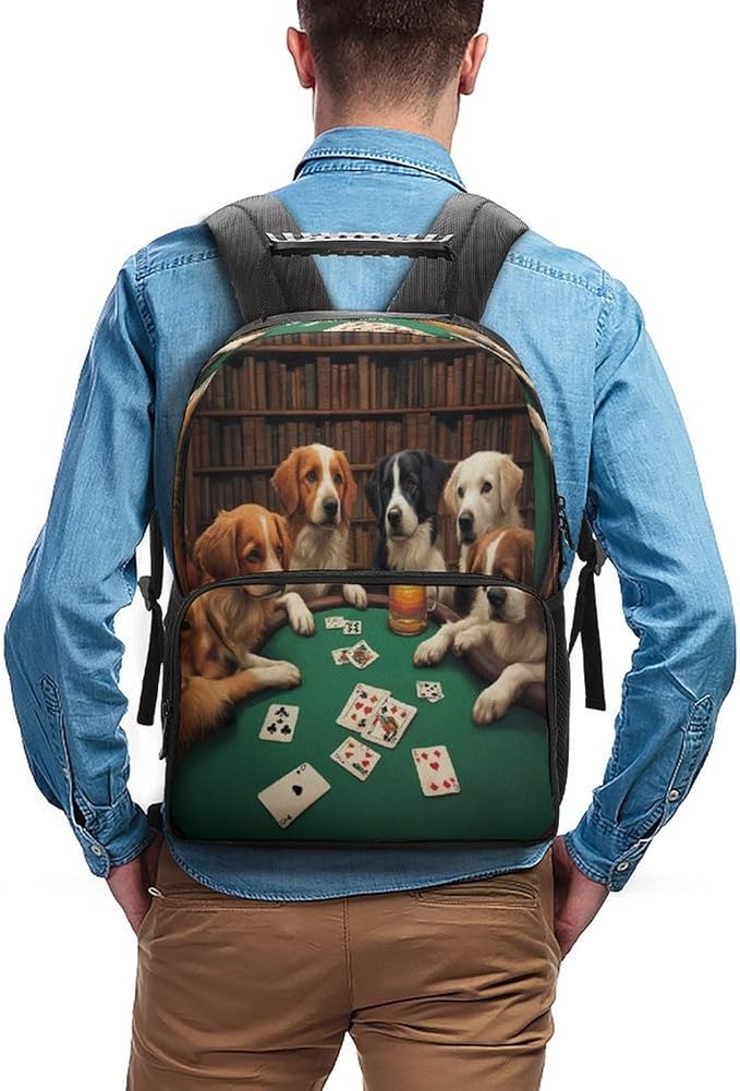 Daypack Polyester Anti-Theft Multipurpose Dogs Playing Poker Cards Library Funny Dog Bookbag Big Capacity Gym Outdoor Hiking Backpack With Adjustable Shoulder Straps