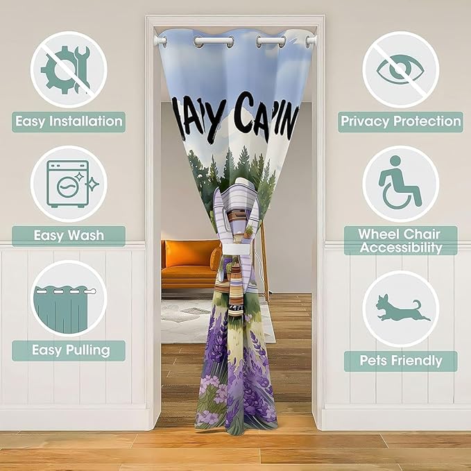 Happy Camping Doorway Curtains Privacy Adults - Rustic Farmhouse Camper Trailer Blackout Curtain Purple Lavender Floral Closet Door Curtain Rustic Cozy Outdoor Camping Room Divider Drape 59"W x 80"L