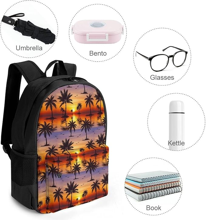 Rucksacks Polyester Anti-Theft Multipurpose Tropical Sunset Coconut Palm Tree Carry On Bag Large Capacity Gym Outdoor Hiking Backpack With Smooth Zippers