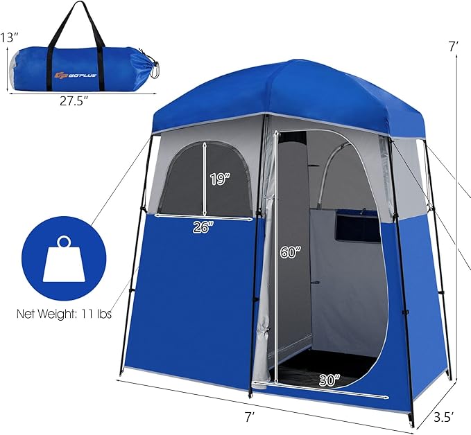 Goplus 2 Room Shower Tent, Portable Camping Changing With Floor Drain, Detachable Rain Fly, Stakes & Ropes, UV Protection, Water Resistant Privacy for Outdoor Toilet, Dressing (Blue)