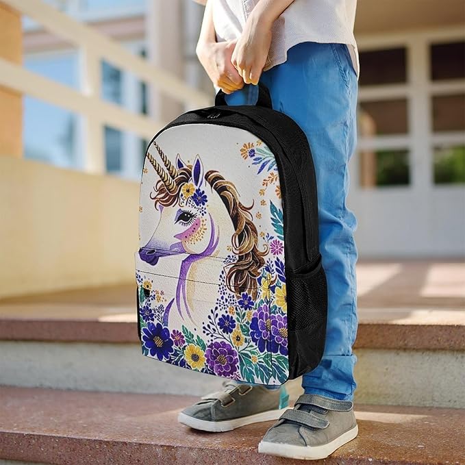 Supdreamc Daypack Anti-Theft Multipurpose Large Capacity Shoulder Bag, Unicorn Purple Flower Travel Hiking Camping Rucksack With Smooth Zippers