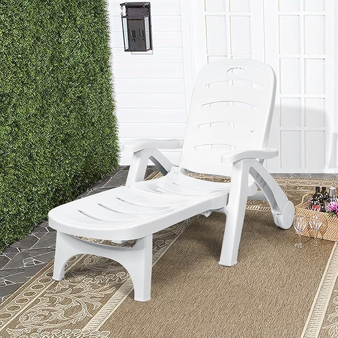 Tangkula Outdoor Chaise Lounge Chair, Adjustable 5-Position Recliner Chair with Built-in Wheels, Weather-Resistance Folding Lounge for Patio, Backyard, Poolside and Beach (1, White)