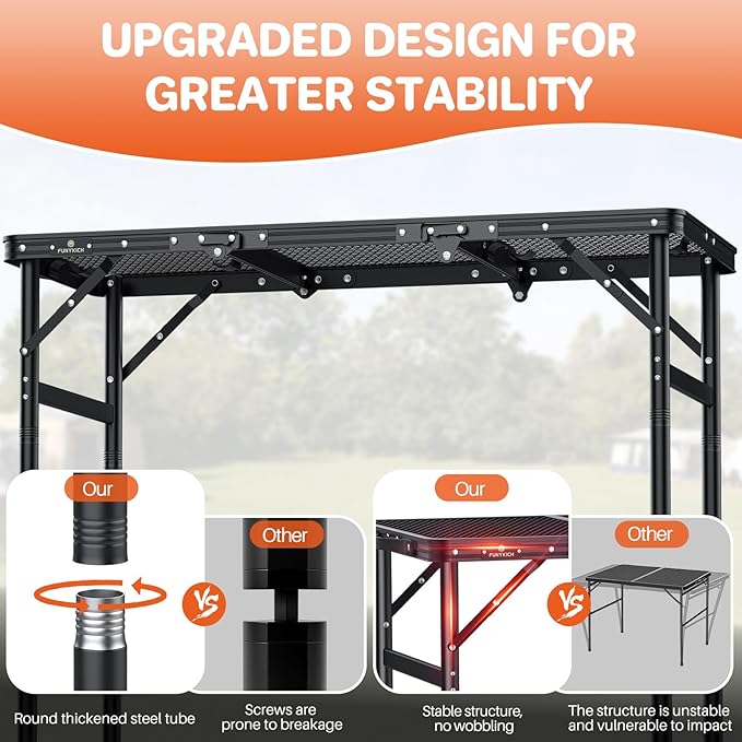 FUNYKICH 3ft Folding Grill Table for Outside 35.4''x15.7'', Max Height 29.4'' Portable Camping Tables, 3 Height Adjustable Lightweight Metal BBQ Table with Carry Handle for Camping, Picnic, BBQ, Black