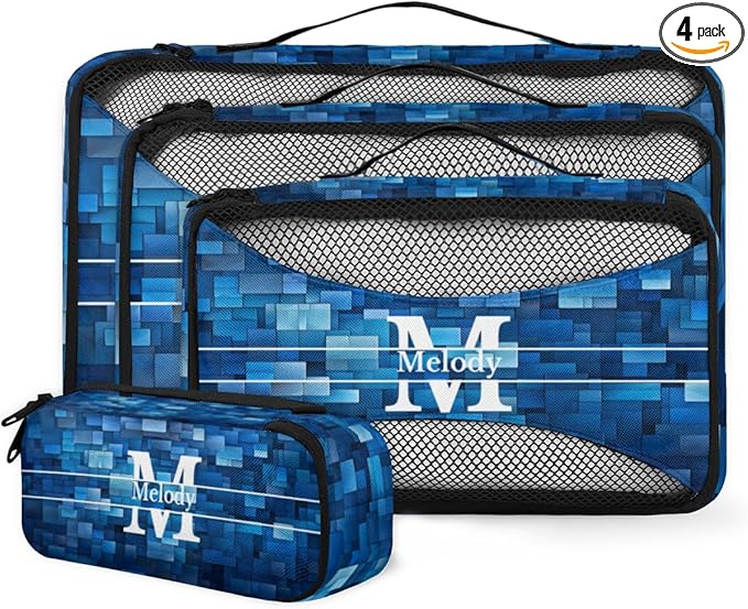 Custom Name 4 Pcs set travel luggage organizer Mesh Travel Essentials for Suitcases, Blue Geometric Pattern with Initial Letter