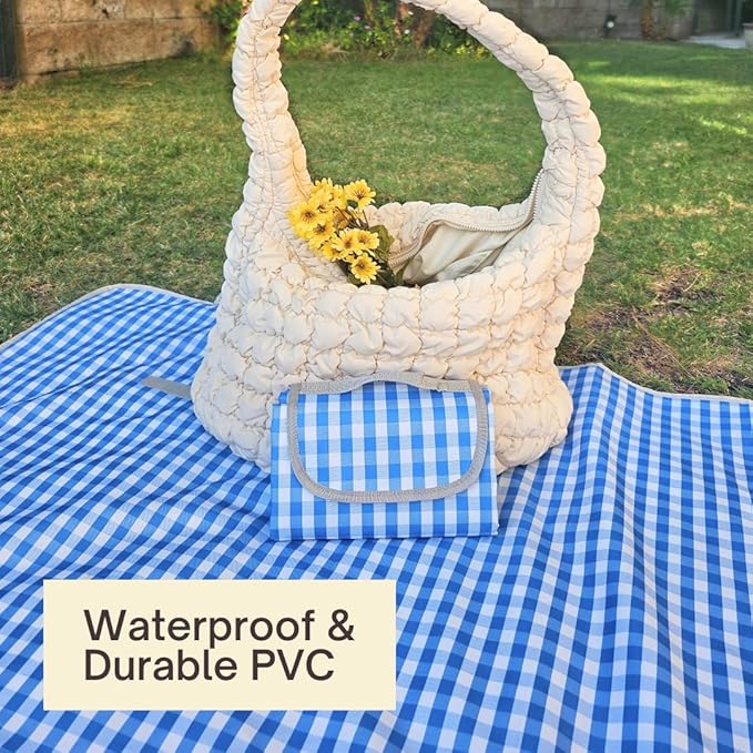 Cute Gingham Picnic Blanket, Waterproof Foldable, in Large 80x60in and Extra Large 80x80in, Portable Compact Beach Blanket, Oversized XL Outdoor Mat (Blue, X-Large)