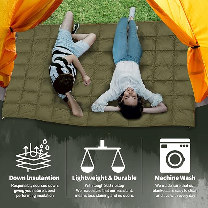 Outdoor Puffy Camping Blanket, Lightweight Down Alternative Puffy Printed Camping Large Ultra Warm Hammock Top Quilt Waterproof Blanket for Traveling Picnic Beach Party Cold Weather (Olive)