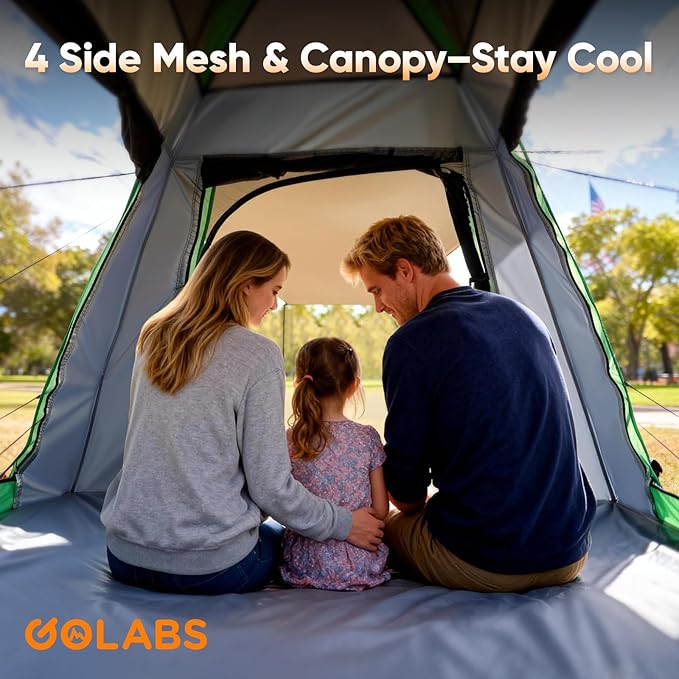 Golabs 3-4 Person Instant Camping Tent, 1-Minute Setup by Pre-Attached Pole, PU1500mm Waterproof, 4 Side Mesh & Door Ventilation with Large Canopy, Pop-up Tent with Carry Bag, Pocket & Hook for Family