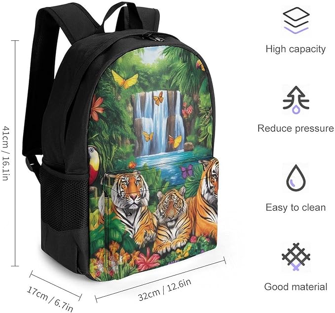Supdreamc Rucksack Anti-Theft Multipurpose Big Capacity Carry On Bag, Tropical Jungle Parrot Birds Tiger Art Traveling Camping Backpack With Side Pockets