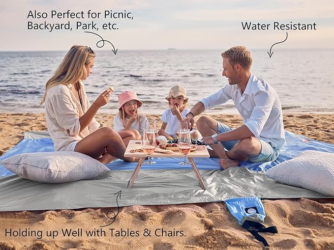 WEKAPO Beach Blanket Sandproof Waterproof, Extra Large Beach Mat, Oversized & Compact Sand Free Mat Quick Drying, Lightweight & Durable with Stakes & Corner Pockets