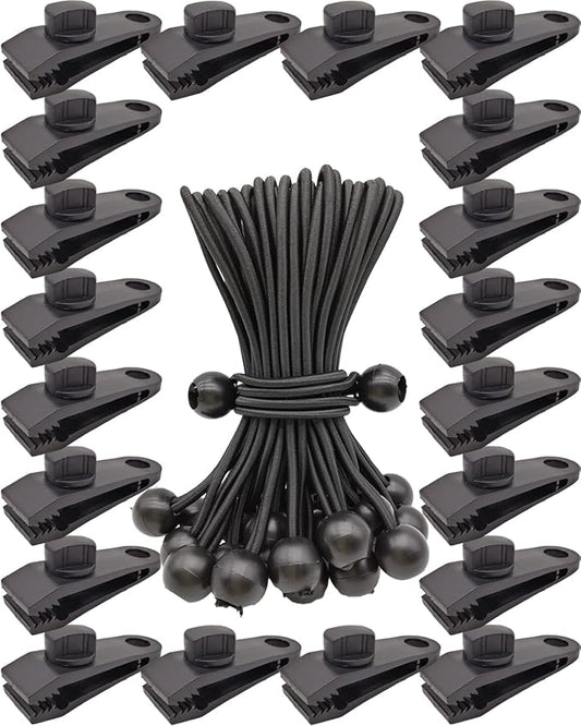 Tarp Clips Lock Grip, 40 Pack Tarp Clamps Heavy Duty and Ball Bungee Cords Set, Tent Clips with 6 Inch Bungie Cord Balls for Awnings Camping, Patio Umbrellas, Pool Awning Cover