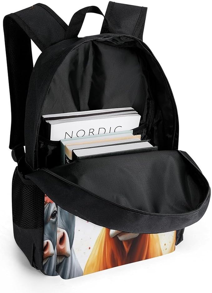 Polyester Daypack Bookbag for Gym Business Bicycle, Large Capacity Multipurpose Anti-Theft Carry On Bag, Cute Highland Cow Family Travel Hiking Daypack