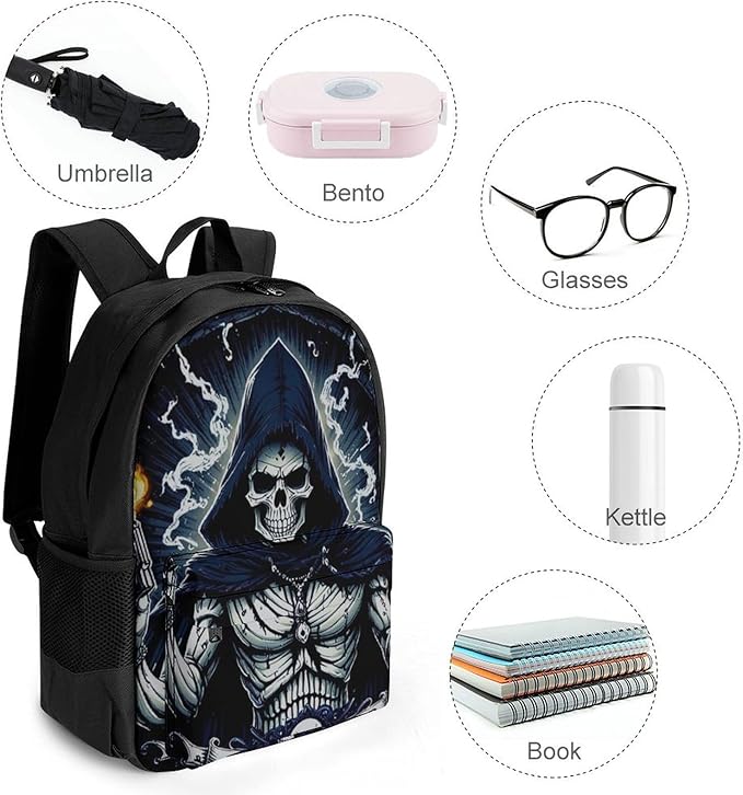 Men Women Lightweight Skull Fire Backpack Large Capacity Bookbag With Smooth Zippers for Gym Business Running