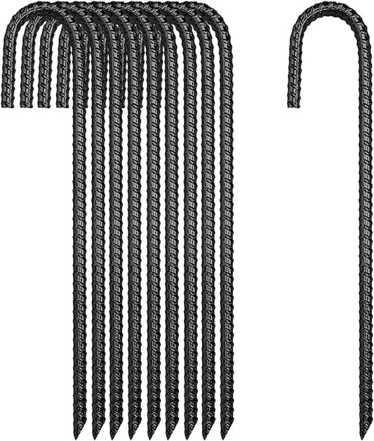 12 Inch Rebar Stakes Heavy Duty, 10 Pack Garden Stake J-Hook, Electrostatic Rust Proof Metal Stakes for Tent, Landscape,Outdoor Decorations, Fabric Ground Cover, Tube Fixing (Black, J-12in-10pc)