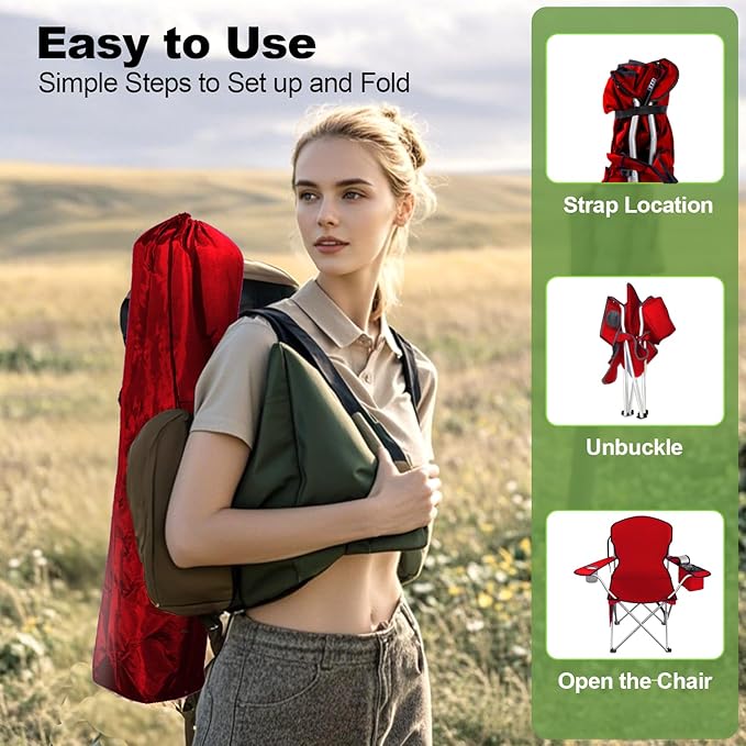 Folding Camping Chairs Durable 600D Oxford, Portable Outdoor Chair with Cooler Pouch, Cup Holder & Storage Pocket for Camping, Beach, Fishing