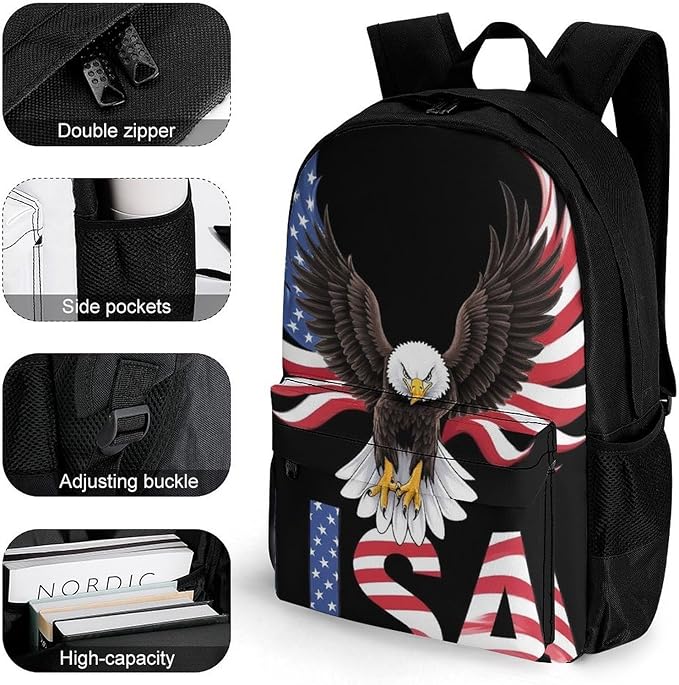 Supdreamc Polyester Daypack for Camping Travel Walking Cycling, Big Capacity Anti-Theft Multipurpose Bookbag, Patriotic American Eagle Flag Camping Outdoor Backpack