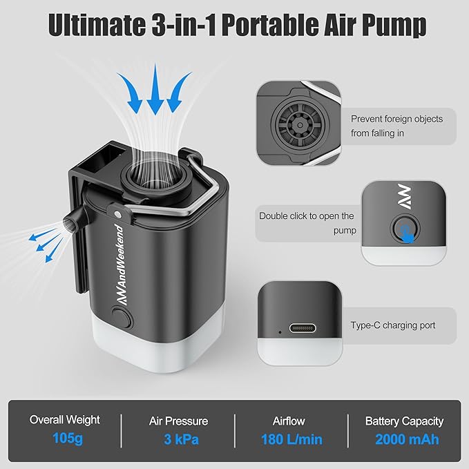 THE WEEKEND Mini Portable Air Pump for Inflatables–Electric Air Mattress Pump for Camping Travel and Home Use with LED Light for Sleeping Pads Pool Floats Vacuum Bags