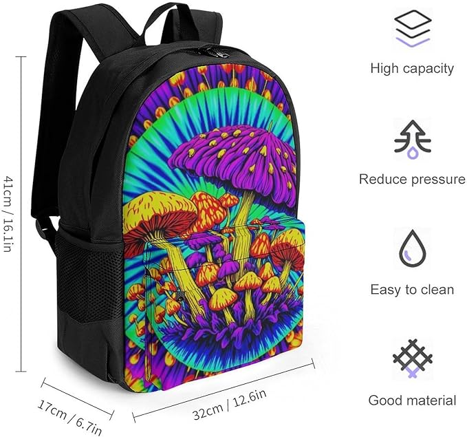 Supdreamc Men Women Polyester Psychedelic Mushrooms Tie Dye Art Backpack Large Capacity Bookbag With Smooth Zippers for Climbing Picnic Bicycle