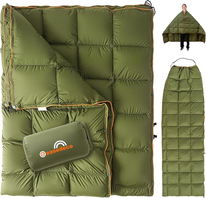 Down Camping Blanket - Olive 1lb 6oz / 77 * 52'' Lightweight Packable Warm Puffy Travel Quilt with Footbox, 650 Fill Power Waterproof Outdoor Blankets for Hiking, Travel & Stadium Down Quilt
