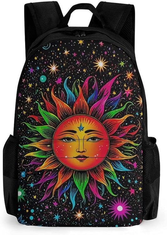 Supdreamc Rucksack Anti-Theft Multipurpose Large Capacity Carry On Bag, Glowing Sun And Moon Stars Art Travel Hiking Bag Day Pack With Side Pockets