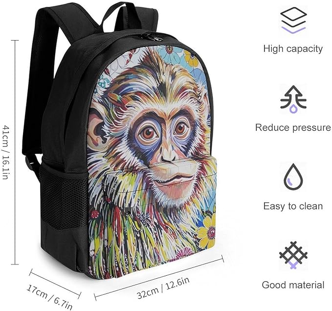 Supdreamc Men Women Polyester Colorful Animal Monkey Flower Casual Daypack Large Capacity Carry On Bag With Adjustable Shoulder Straps for Camping Work Running