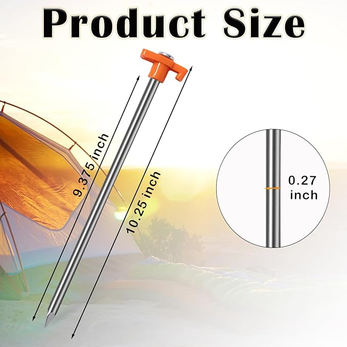 20 Pack Tent Stakes - 9.75 Inch Galvanized Non-Rust Ground Stakes Heavy Duty Canopy Anchors Metal Tent Pegs for Camping, Garden, Hiking, Orange