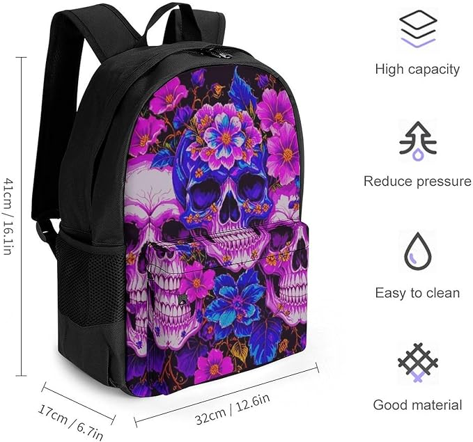 Daypack Backpack Anti-Theft Multipurpose Big Capacity Bookbag, Purple Psychedelic Mexican Sugar Skulls Day Of The Dead Floral Flowers Business Computer Bag With Side Pockets