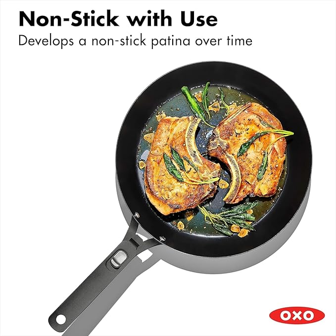 OXO Outdoor Pre-Seasoned Carbon Steel 12" Frying Pan Skillet, Detachable Handle for Easy Storage, Indoor Use, Nonstick with Use, Induction Suitable,Oven & Broiler Safe,Browning, Grill,Sear,Saute,Black