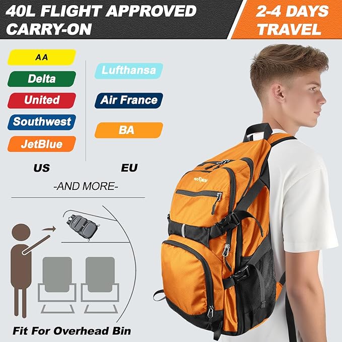 Seektop 40L Foldable Hiking Backpack for Women Men Lightweight Packable Travel Backpack Carry on Flight Approved for Outdoor Camping Sport Leisure (Orange)