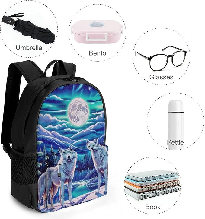 Supdreamc Backpack Multipurpose Anti-Theft Large Capacity Bookbag, Wolves Moon Aurora Art Travel Hiking Daypack With Side Pockets