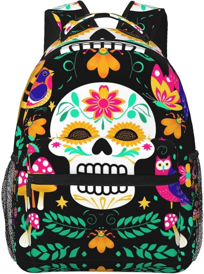 Shoulder Book Bags Polyester Multipurpose Anti-Theft Colorful Floral Sugar Skull Bird Art Carry On Bag Large Capacity Travel Hiking Camping Rucksack