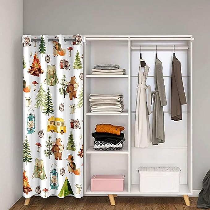 Happy Camping Door Curtain For Doorway Privacy - Campfire Cartoon Adventure Blackout Curtain Retro Camping Accessories RV Camper Door Drape Cute Woodland Animal Bear Fox Window Treatment 52"W x 80"L