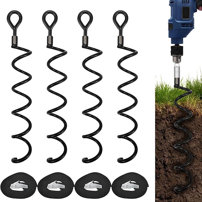 16.3 Inch Spiral Ground Anchor Stake High Durable Earth Anchor Kit for Tents, Trampolines, Garden Fencing, Sheds, Swings, and Dog Tie Out Stake (Black 4 Pack)