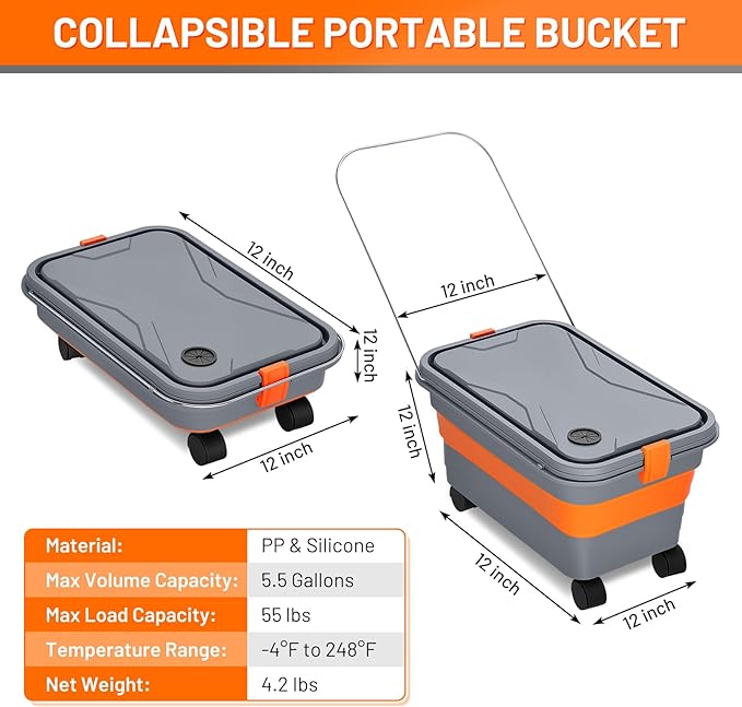 This Hill Collapsible Bucket 5.5 Gallon for Car Washing, Car Wash Bucket with Wheels, Handle, Drain Plug and Water Outlet, Foldable for Mop Cleaning, Camping, RV, Pet Bathing and Laundry