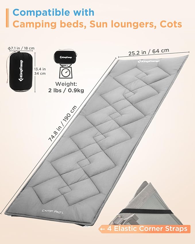 KingCamp Cot Mattress, Portable Lightweight Camping Sleeping Mat Soft Comfortable Non-Slip Cot Pad for Camp Cot, RV Bunk & Twin Beds (75" x 25" x 2", Gray)