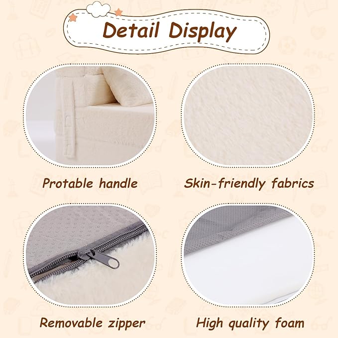 Folding Sofa Bed Beige Floor Mattress for Kids with Pillow, Toddler Washable Folded Floor Mat for Daycare, Child Fold Up Sofa Chair Bed with Storage Bag for Playroom, Camping, Girls and Boys