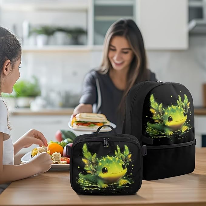HUGS IDEA Glowing Axolotl Backpack and Lunch Box Set Girls Elementary School Bookbag Cute Backpack for Girls 6-8 Lightweight School Bag for Kids Daypack Children Bookbag