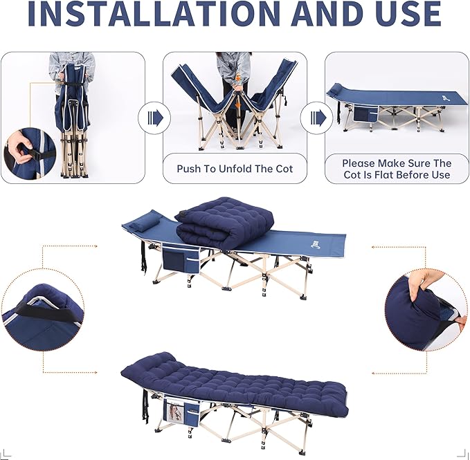 Nice C Camping Cots with Cushion, Camping Cots with Mattress, for Adults, Folding Cot, with Pillow, Carry Bag & Storage Pocket, Extra Wide Sturdy, Holds Up to 500 Lbs (2, Mattress Navy)