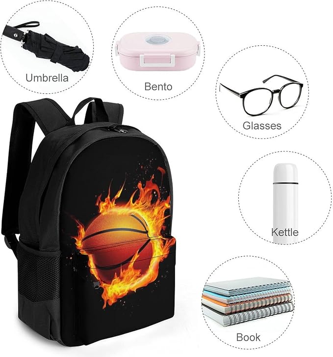 Supdreamc Shoulder Book Bags Polyester Multipurpose Anti-Theft Burnning Fire Basketball Black Carry On Bag Large Capacity Travel Hiking Camping Rucksack