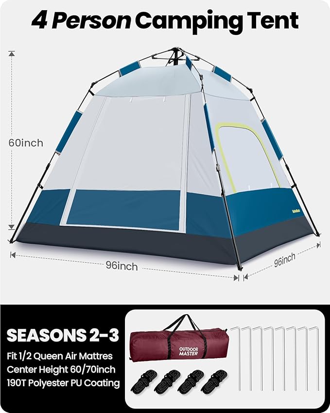 OutdoorMaster Updated Camping Tents, 4/6 Person Camping Tent with Blackout Shelter Technology, Easy Setup in 60 Seconds, Weatherproof Pop Up Tent with Top Rainfly, Instant Cabin Tent