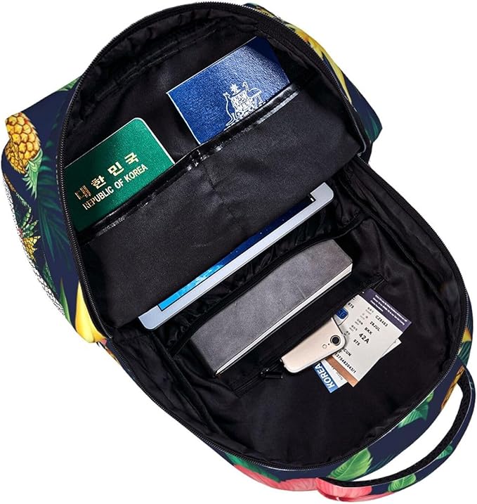 Rucksack Anti-Theft Multipurpose Big Capacity Carry On Bag, Hawaiian Flower Party Pineapple Art Traveling Camping Backpack With Side Pockets