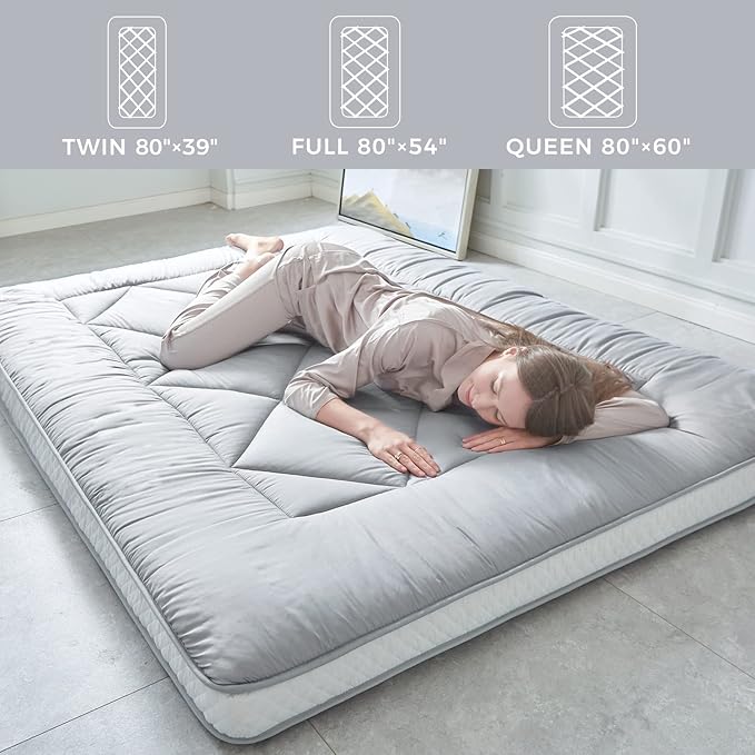 Japanese Floor Mattress, Thicken Foldable & Portable Roll up Camping Mattress with Dust-Proof Cover, Grey, Twin