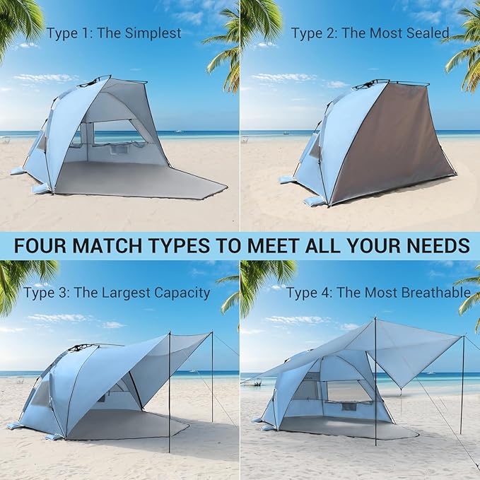 Elegear CumbreX™ Beach Tent with 360° Removable Canopy, 4-6 Person Pop Up Sun Shade Shelter, UPF 50+ Automated Installation Double Silver Coating Portable Lightweight Beach Cabana for Beach/Outdoor