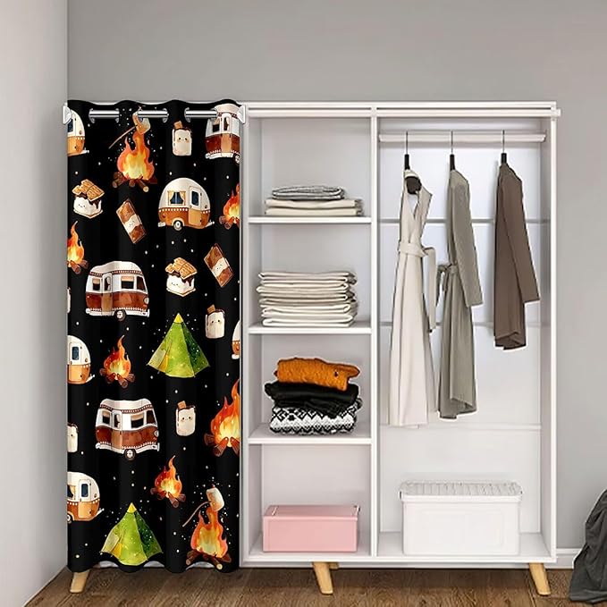 Cute Camping Car Door Curtain For Doorway Privacy for Girls Boys - Cartoon RV Camper Blackout Curtain Happy Camping Adventure Theme Door Drape Kawaii Campfire Tent Window Treatment 34"W x 80"L