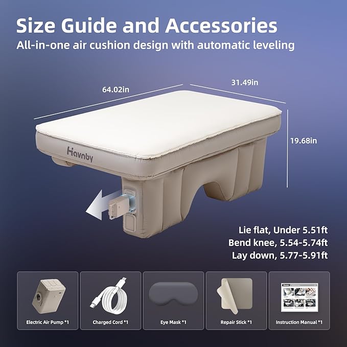 Truck Mattress, TPU Air Foam Camping Bed, Back Seat Inflatable CozyPad with Rechargeable Built-in Pump, Portable Travel Sleeping Mattress for Pickup Trucks