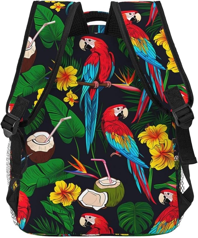 Men Women Lightweight Macaw And Tropical Cocktail Art Casual Daypack Big Capacity Bookbag With Padded Straps for Gym Travel Walking Cycling