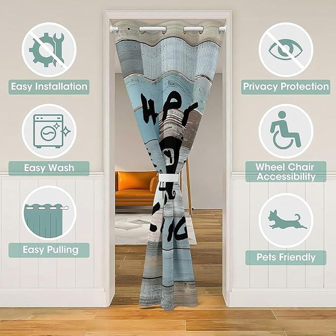 Happy Camping Adventure Door Curtain,Pine Tree Camper Silhouette Rustic Blackout Curtain,Wooden Plank Farmhouse Cabin Bedroom Doorway Living Room Decor,Blue Privacy Door Drape 1 Panel,34" W X 80" L