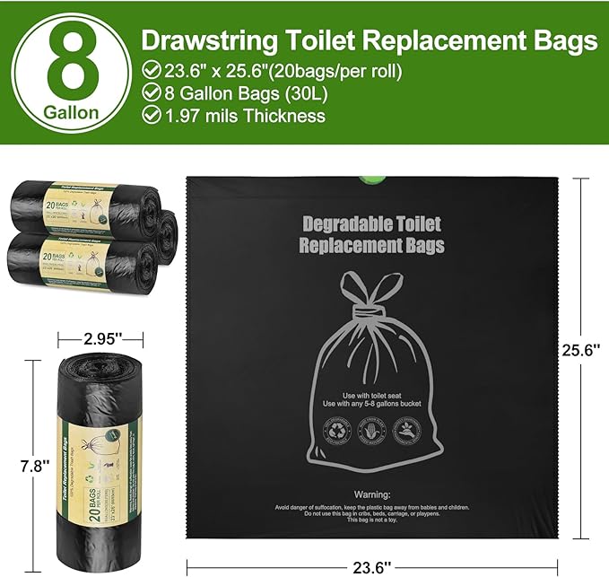 BLIKA Camping Toilet Bags Eco Absorbent Gel Set, Drawstring Portable Toilet Bags with Gel, 8 Gallon (30L) Heavy Duty 1.97 Mil, Toilet Replacement Bag with Toilet Powder for Camping Outdoor Hiking